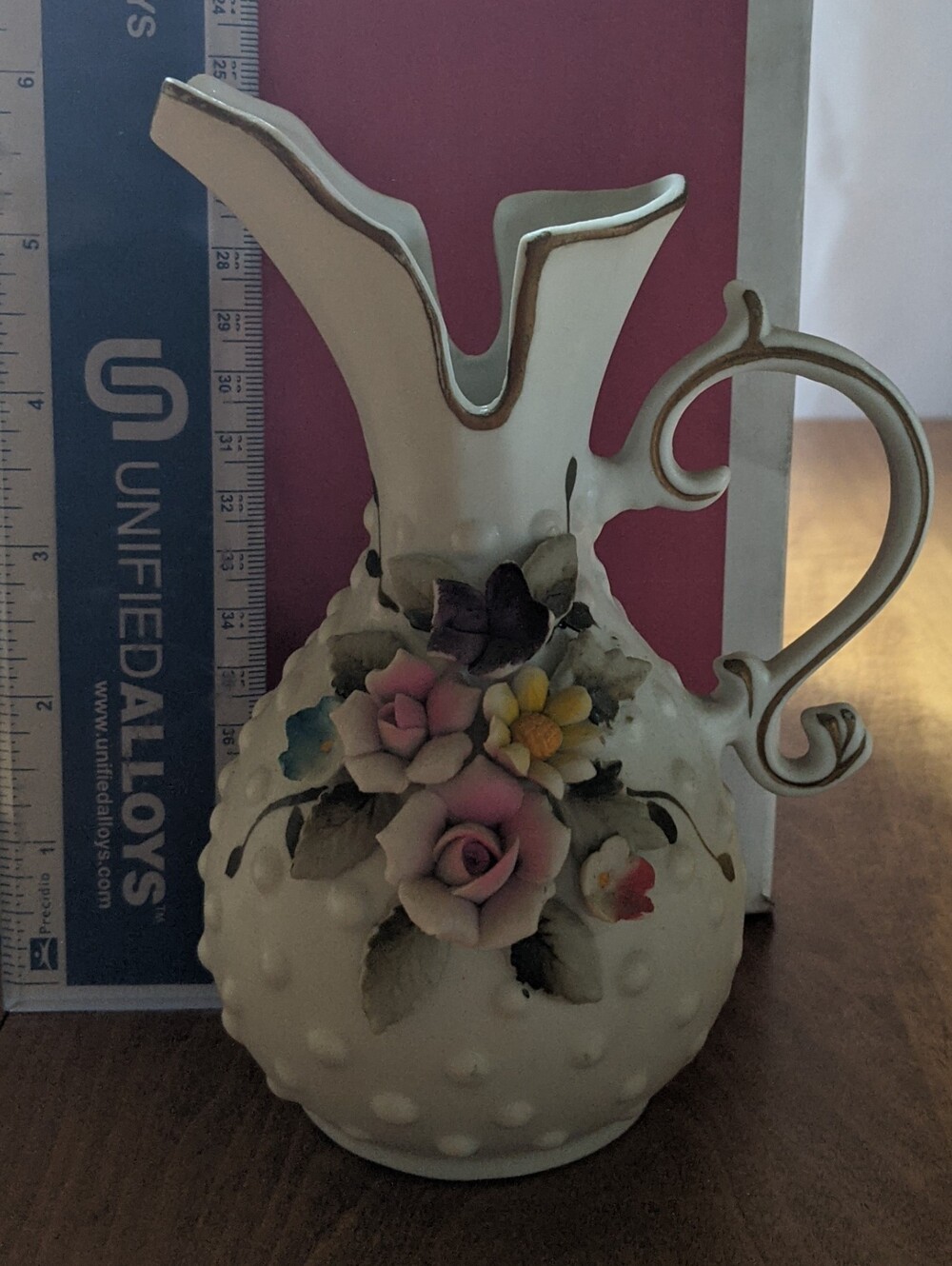 Vintage Made In Japan White Textured Ceramic Pitcher with Roses And Gold Trim